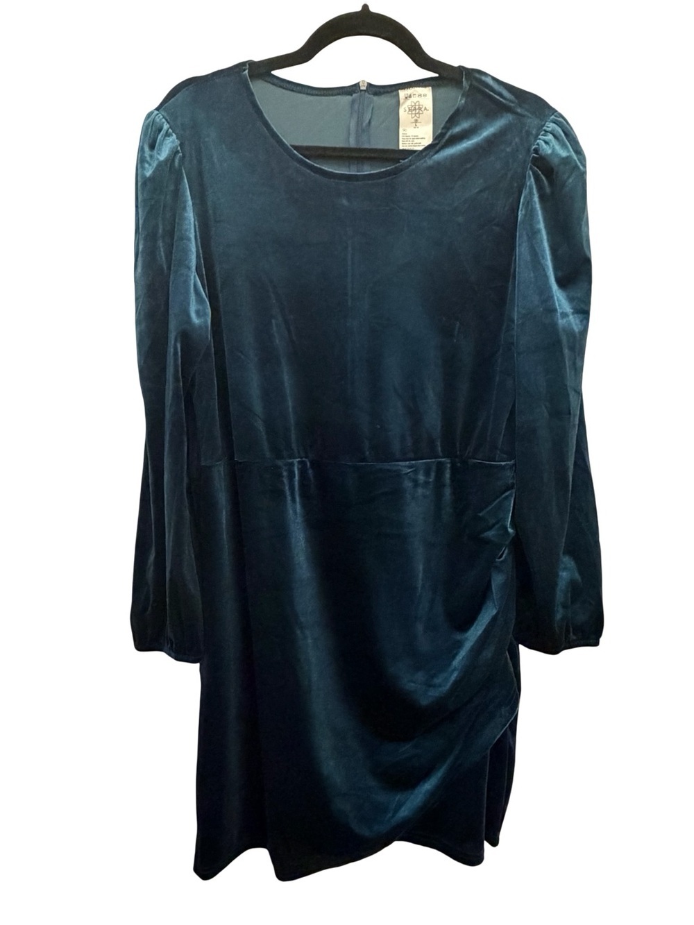 Teal Blue Velvet Ruched Long Sleeve Dress Women’s Large Sz L Brand Serra - Picture 2 of 11